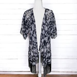 LuLaRoe Monroe Sheer Short Sleeve Fringe Floral Kimono Black White Small